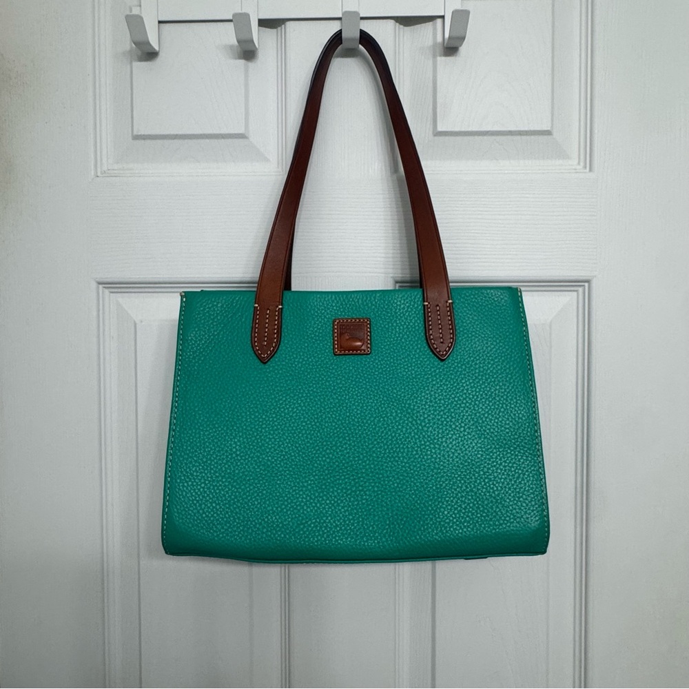 Dooney & Bourke Teal Pebble Leather Tote with Brown Handles